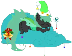 Size: 473x371 | Tagged: artist:princessamity, bells, changeling, cloud, derpibooru import, green changeling, hat, heart, hearth's warming eve, holiday, oc, ribbon, safe, simple background, sleeping, solo, stars, transparent background, unofficial characters only, vector