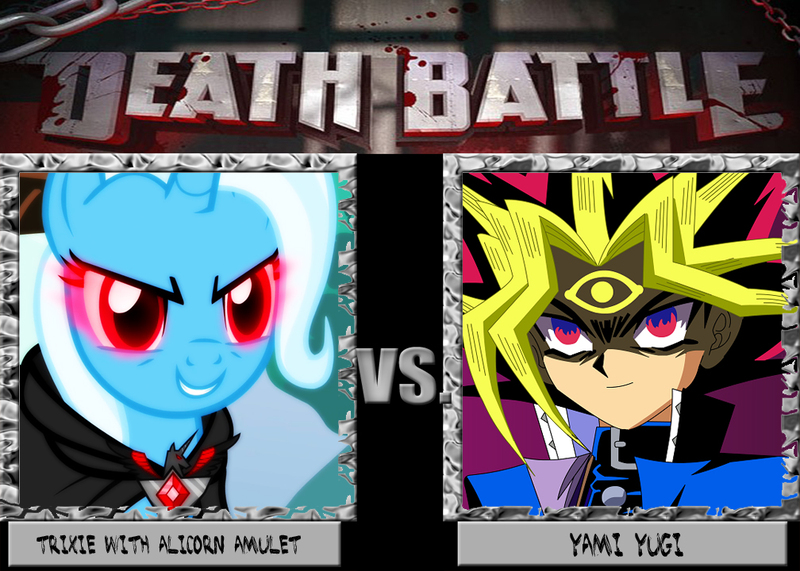 Size: 1008x720 | Tagged: alicorn amulet, death battle, derpibooru import, exploitable meme, meme, safe, trixie, yami yugi, yugi muto, yu-gi-oh!