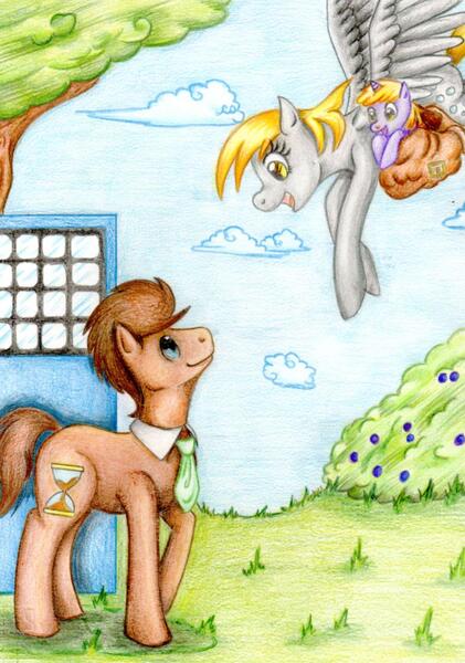 Size: 1213x1729 | Tagged: safe, artist:crazydiary86, derpibooru import, derpy hooves, dinky hooves, doctor whooves, time turner, pegasus, pony, bag, bush, doctor who, doctorderpy, equestria's best mother, female, grass, male, mare, necktie, saddle bag, shipping, straight, tardis, traditional art