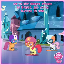 Size: 800x800 | Tagged: apple bloom, crystal empire, cutie mark crusaders, derpibooru import, equestria games, equestria games (episode), facebook, glasses, goggles, hearts as strong as horses, hearts strong as horses, helmet, knee pads, logo, my little pony logo, official, s4, safe, scootaloo, skiing, sweetie belle, text