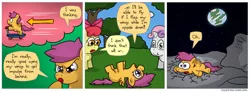 Size: 850x312 | Tagged: and that's how equestria was made, apple bloom, artist:fadri, comic, comic:and that's how equestria was made, cutie mark crusaders, derpibooru import, flight to the finish, safe, scootaloo, sweetie belle, to the moon