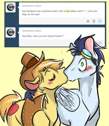 Size: 616x711 | Tagged: artist:cleppyclep, blushing, braeburn, derpibooru import, gay, kissing, male, safe, shipping, soarburn, soarin', surprised, surprise kiss, tumblr