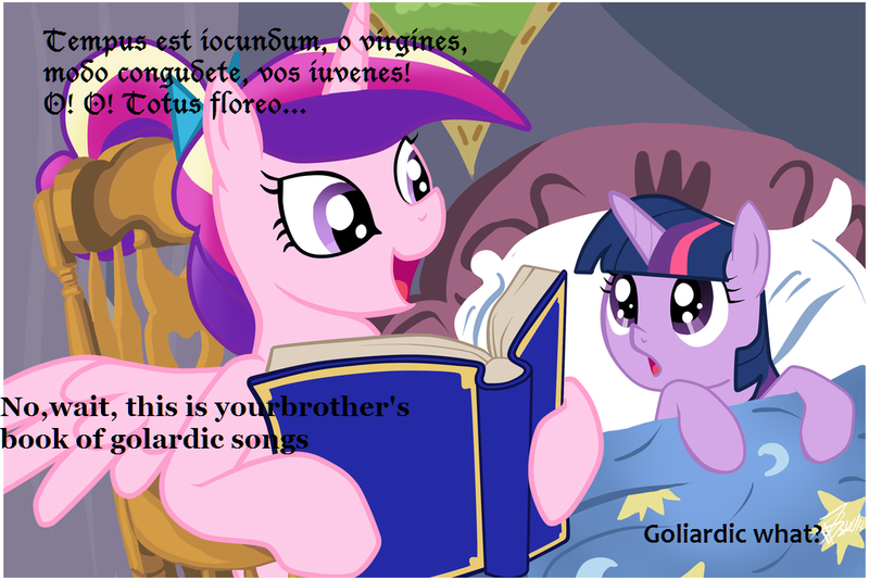 Size: 1024x683 | Tagged: safe, deleted from derpibooru, derpibooru import, princess cadance, twilight sparkle, alicorn, pony, unicorn, bed, bedtime story, book, cadance's bedtime stories, carmine burana, duo, exploitable meme, female, filly, filly twilight sparkle, looking up, meme, unicorn twilight, younger