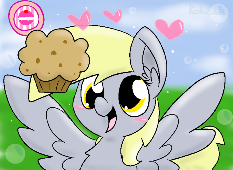 Size: 836x612 | Tagged: safe, artist:amberlea-draws, derpibooru import, derpy hooves, pegasus, pony, blushing, female, food, mare, muffin, parody, pokémon, pokémon amie, pokémon x and y, solo, that pony sure does love muffins