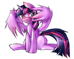 Size: 1280x1024 | Tagged: safe, artist:mixipony, derpibooru import, twilight sparkle, twilight sparkle (alicorn), alicorn, pony, :<, blushing, covering, female, fluffy, mare, one eye closed, shy, sitting, solo, wing hands, wings, wink