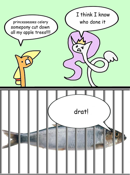 Size: 600x805 | Tagged: applejack, artist:wollap, comic, derpibooru import, fish, herring, jail, not salmon, princess celery, princess celestia, safe, stylistic suck, that's totally a salmon, wat