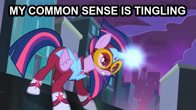 Size: 632x354 | Tagged: safe, derpibooru import, edit, edited screencap, screencap, masked matter-horn, twilight sparkle, twilight sparkle (alicorn), alicorn, pony, power ponies (episode), season 4, caption, deadpool, female, image macro, mare, power ponies, reaction image, solo, spider-man, superhero, text