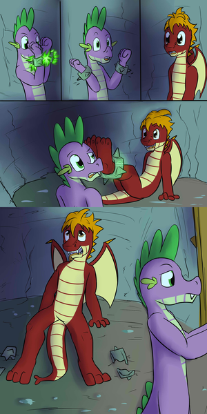 Size: 1280x2560 | Tagged: amazed, artist:fuzebox, cave, comic, derpibooru import, dragon, feet, fire, freedom, oc, oc:mangle, older, older spike, safe, semi-anthro, shackles, spike, spike's journey, stretching, teenaged dragon, teenager, teenage spike