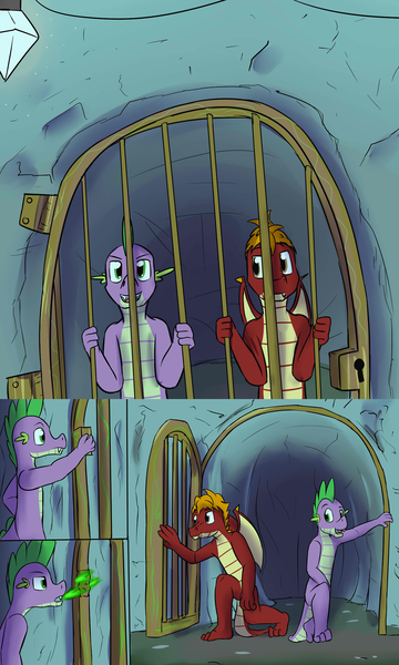 Size: 1280x2133 | Tagged: artist:fuzebox, bars, cave, cell, comic, derpibooru import, door, dragon, escape, fire, oc, oc:mangle, older, older spike, prison, safe, semi-anthro, spike, spike's journey, teenaged dragon, teenager, teenage spike