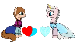 Size: 900x545 | Tagged: safe, artist:karmadash, derpibooru import, ponified, earth pony, pony, unicorn, anna, clothes, disney, dress, elsa, eye contact, frozen (movie), grin, heart, looking at each other, sitting, smiling