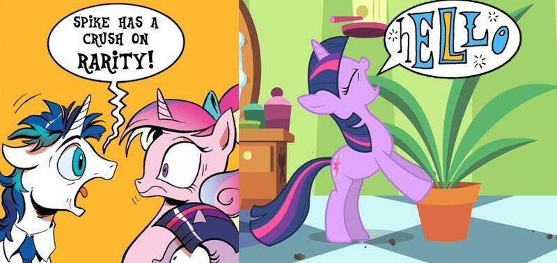 Size: 844x399 | Tagged: safe, derpibooru import, edit, edited screencap, screencap, princess cadance, shining armor, twilight sparkle, alicorn, pony, unicorn, green isn't your color, spoiler:comic11, colt, crossing the memes, exploitable meme, female, filly, hello, male, mare, meme, obligatory pony, potted plant, role reversal, screaming armor, secret pot meme, speech bubble