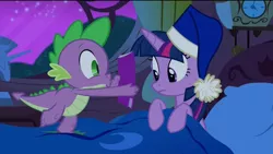 Size: 1920x1080 | Tagged: safe, derpibooru import, screencap, spike, twilight sparkle, twilight sparkle (alicorn), alicorn, pony, power ponies (episode), bed, blanket, book, cap, clock, comic book, comic book meme, exploitable meme, female, hat, mare, meme, nightcap, obligatory pony, pillow, showing, template