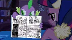 Size: 1920x1080 | Tagged: safe, derpibooru import, edit, screencap, spike, twilight sparkle, twilight sparkle (alicorn), alicorn, pony, power ponies (episode), book, cap, comic, comic book, duwang, exploitable meme, female, hat, jojo's bizarre adventure, mare, meme, nightcap, parody, pointing