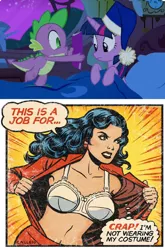 Size: 732x1108 | Tagged: safe, derpibooru import, spike, twilight sparkle, twilight sparkle (alicorn), alicorn, human, pony, power ponies (episode), bed, blanket, book, bra, cap, clothes, comic, comic book, comic book meme, dialogue, exploitable meme, fail, female, frilly underwear, hat, mare, meme, nightcap, obligatory pony, speech bubble, spike's comic, thought bubble, underwear, wonder woman