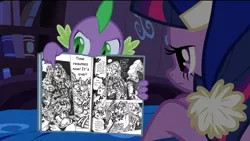 Size: 1920x1080 | Tagged: safe, derpibooru import, edit, spike, twilight sparkle, twilight sparkle (alicorn), alicorn, pony, power ponies (episode), diavolo, exploitable meme, female, jean pierre polnareff, jojo's bizarre adventure, king crimson, mare, meme, parody, stand