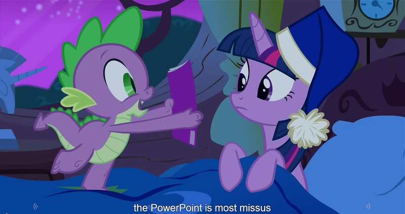 Size: 1151x608 | Tagged: safe, derpibooru import, edit, edited screencap, screencap, spike, twilight sparkle, twilight sparkle (alicorn), alicorn, pony, power ponies (episode), bed, blanket, book, cap, caption, comic book, female, hat, mare, meme, nightcap, pillow, powerpoint, showing, youtube caption