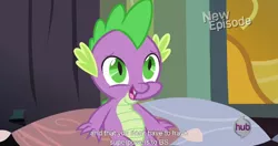 Size: 1152x607 | Tagged: caption, derpibooru import, edit, edited screencap, hub logo, meme, new episode, power ponies (episode), safe, screencap, solo, spike, youtube caption