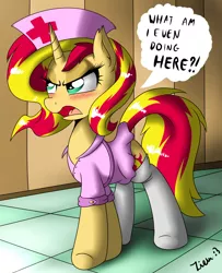 Size: 2600x3200 | Tagged: suggestive, artist:ziemniax, derpibooru import, sunset shimmer, pony, unicorn, series:ziemniax's nurse ponies, angry, blushing, clothes, female, helloooooo nurse, nurse, sexy, sinfully sexy, solo, solo female, stockings, thigh highs, tsundere, tsunset shimmer