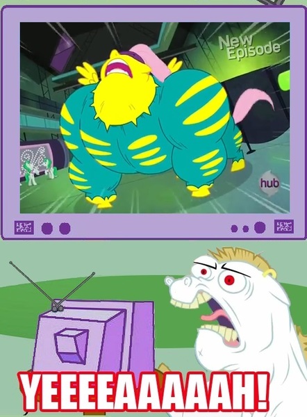 Size: 554x752 | Tagged: bulk biceps, derpibooru import, exploitable meme, flutterhulk, fluttershy, meme, obligatory pony, power ponies, power ponies (episode), saddle rager, safe, tv meme