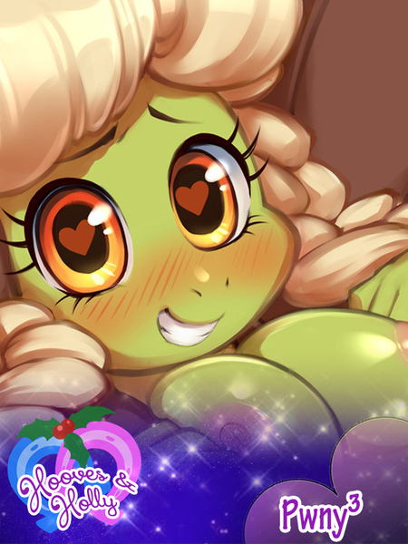 Size: 600x800 | Tagged: anthro, artist:hallogreen, breasts, busty young granny smith, derpibooru import, female, granny smith, heart, hooves & holly, nudity, questionable, solo, solo female, younger, young granny smith