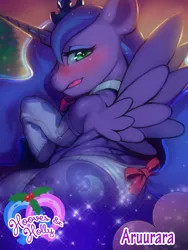 Size: 600x800 | Tagged: artist:aruurara, blushing, clothes, derpibooru import, female, hooves & holly, limited preview, panties, preview, princess luna, solo, solo female, suggestive, underwear