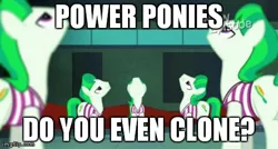 Size: 480x257 | Tagged: safe, derpibooru import, earth pony, pony, power ponies (episode), background pony, caption, clone, do you even lift, image macro, meme, text