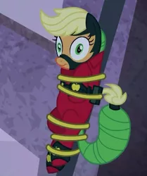 Size: 361x432 | Tagged: safe, derpibooru import, screencap, applejack, mistress marevelous, pony, power ponies (episode), flipped, lasso, power ponies, rope, scrunchy face, silly, silly pony, solo, tied up, upside down