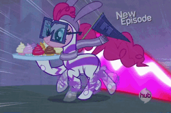 Size: 704x468 | Tagged: safe, derpibooru import, screencap, fili-second, pinkie pie, earth pony, pony, power ponies (episode), animated, cupcake, eating, female, food, glasses, hub logo, loop, mare, new episode, power ponies, running, solo, speed trail, superhero