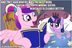 Size: 960x640 | Tagged: safe, deleted from derpibooru, derpibooru import, princess cadance, twilight sparkle, alicorn, pony, unicorn, bedtime story, book, cadance's bedtime stories, duo, exploitable meme, god of war, hercules, hercules games, jontron, kratos, looking up, meme, tarzan, younger