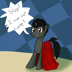 Size: 1280x1280 | Tagged: angry, artist:fuzebox, cape, clothes, colt, cute, derpibooru import, i'm not cute, irony, king sombra, male, safe, solo, sombradorable, speech bubble
