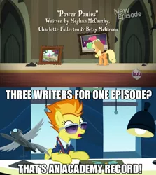 Size: 750x840 | Tagged: academy record, applejack, betsy mcgowen, caption, charlotte fullerton, derpibooru import, desk, image macro, meghan mccarthy, office, power ponies (episode), safe, spitfire, sunglasses, text, window, wonderbolts academy