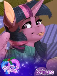 Size: 600x800 | Tagged: safe, artist:kevinsano, derpibooru import, twilight sparkle, twilight sparkle (alicorn), alicorn, pony, hooves & holly, clothes, female, mare, present, solo, sweater, tongue out
