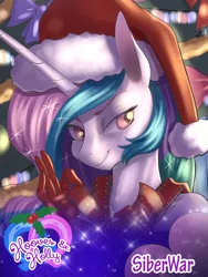 Size: 600x800 | Tagged: anthro, artist:siberwar, christmas, christmas tree, derpibooru import, female, hat, holiday, hooves & holly, princess celestia, santa hat, solo, solo female, suggestive, tree, wrapping paper