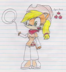 Size: 720x784 | Tagged: anthro, applejack, artist:brawldrawer, derpibooru import, lasso, lined paper, plantigrade anthro, rope, safe, solo, sonicified, sonic the hedgehog (series), species swap, style emulation, traditional art