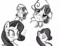 Size: 1092x850 | Tagged: artist:anibaruthecat, blushing, comic:cat's delicacy, crying, derpibooru import, eyes closed, eyeshadow, floppy ears, makeup, monochrome, open mouth, rarity, safe, shivering, surprised, sweetie belle, wide eyes