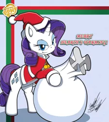 Size: 1080x1200 | Tagged: artist:fuzon-s, bag, christmas, clothes, costume, derpibooru import, hat, hearth's warming, holiday, logo, looking at you, rarity, safe, santa claus, santa costume, santa hat, smiling, solo, sonic channel, sonic the hedgehog (series), style emulation, yuji uekawa style