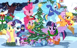 Size: 1278x800 | Tagged: safe, artist:pixelkitties, derpibooru import, applejack, fluttershy, pinkie pie, rainbow dash, rarity, trixie, twilight sparkle, twilight sparkle (alicorn), alicorn, pony, princess twilight sparkle (episode), boots, christmas, christmas tree, clothes, earmuffs, female, flarity, holiday, lesbian, mane six, mare, mistletoe, mobile phone, mystery box of plot importance, phone, pinkie spy, plushie, scarf, shipping, shoes, show accurate, smartphone, sweater, tree