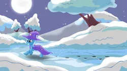 Size: 1398x786 | Tagged: safe, artist:evil-dec0y, derpibooru import, trixie, pony, unicorn, cape, clothes, cropped, female, full moon, hat, mare, moon, night, running, smiling, snow, solo, trixie's cape, trixie's hat, winter