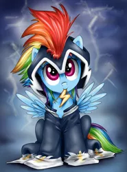 Size: 700x946 | Tagged: safe, artist:xioade, derpibooru import, rainbow dash, zapp, pegasus, pony, power ponies (episode), clothes, cute, dashabetes, female, filly, filly rainbow dash, oversized clothes, power ponies, smiling, solo, younger