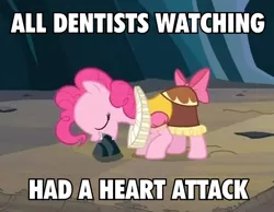 Size: 490x380 | Tagged: caption, chancellor puddinghead, cropped, derpibooru import, edit, edited screencap, hearth's warming eve, hearth's warming eve (episode), image macro, mouth hold, pinkie pie, rock, safe, screencap, solo, text