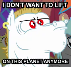 Size: 418x393 | Tagged: bulk biceps, caption, crossing the memes, derpibooru import, do you even lift, futurama, i don't want to live on this planet anymore, image macro, meme, pun, reaction image, safe, text