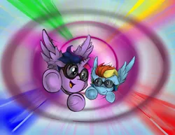 Size: 1280x986 | Tagged: safe, artist:remyreminisce, derpibooru import, rainbow dash, twilight sparkle, twilight sparkle (alicorn), alicorn, pony, female, goggles, mare, sonic rainboom