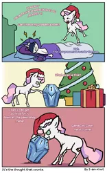 Size: 1050x1680 | Tagged: safe, artist:i-am-knot, derpibooru import, rarity, sweetie belle, princess twilight sparkle (episode), christmas, comic, hat, hearth's warming, holiday, mystery box of plot importance, present, santa hat