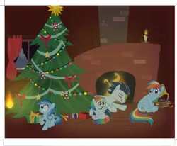 Size: 1179x973 | Tagged: safe, artist:selecteddash, derpibooru import, rainbow dash, soarin', oc, oc:ragtag, oc:shooting star, candle, christmas, christmas tree, family, female, fireplace, hearth's warming eve, holiday, male, offspring, parent:rainbow dash, parent:soarin', parents:soarindash, present, shipping, soarindash, straight, tree