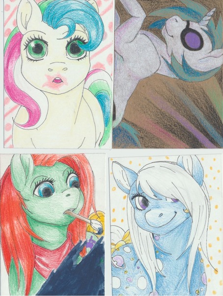 Size: 781x1032 | Tagged: artist:bekuno, atc, bubblegum, derpibooru import, food, g1, g2, g3, g4, gum, miss painter, night glider (g1), safe, traditional art, vinyl scratch