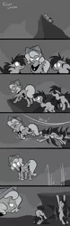 Size: 700x2240 | Tagged: safe, artist:egophiliac, derpibooru import, princess luna, oc, oc:frolicsome meadowlark, oc:sunshine smiles (egophiliac), bat pony, pony, moonstuck, cartographer's cap, comic, female, filly, flying, grayscale, hat, monochrome, woona, younger