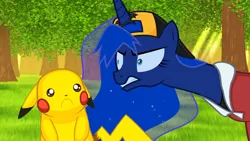 Size: 1000x563 | Tagged: artist:2snacks, :c, crossover, derpibooru import, ethan, frown, glare, gritted teeth, hat, pikachu, pokémon, princess luna, sad, safe, two best friends play, two best sisters play, wide eyes