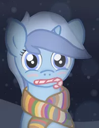 Size: 1000x1280 | Tagged: artist:captainbritish, candy, candy cane, clothes, derpibooru import, doctor who, food, fourth doctor, fourth doctor's scarf, minuette, mouth hold, safe, scarf, snow, snowfall, solo