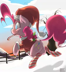 Size: 1280x1402 | Tagged: artist:mcnims, backlighting, candy, candy cane, christmas, clothes, costume, derpibooru import, food, hearth's warming eve, holiday, mouth hold, pinkie pie, safe, snow, socks, solo, striped socks