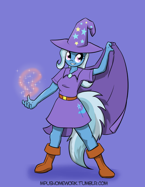 Size: 907x1167 | Tagged: anthro, artist:empyu, boots, cape, clothes, derpibooru import, dress, explicit source, hat, plantigrade anthro, safe, shoes, solo, trixie, trixie's cape, trixie's hat